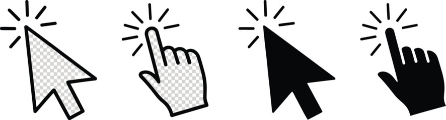 Clicking Arrow Pointer and Finger Icon Set with Transparent Background Design