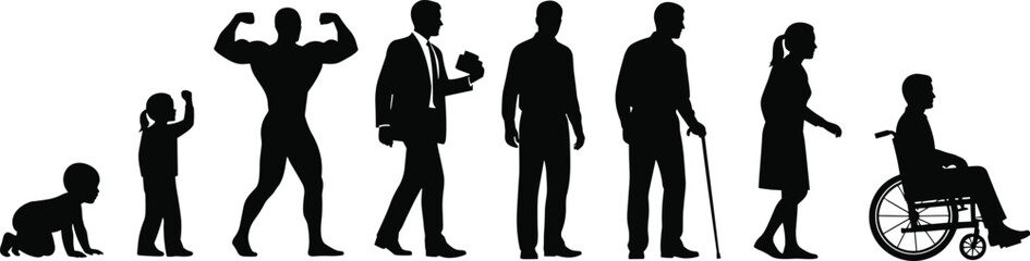 Black Silhouette Set Showing the Stages of a Man's Life, From Crawling Baby to Elderly with a Cane and Wheelchair, Illustrating Growth and Aging.