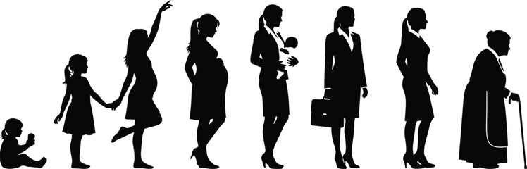 Black Silhouette Set Showing the Stages of a Woman's Life, From Baby to Old Age, Including Pregnancy, Career, and Motherhood.