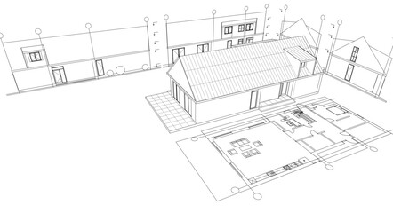 house traditional architecture plan 3d illustration	