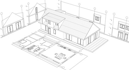house traditional architecture plan 3d illustration	