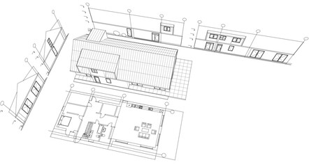 house traditional architecture plan 3d illustration	