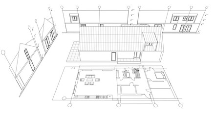 house traditional architecture plan 3d illustration	