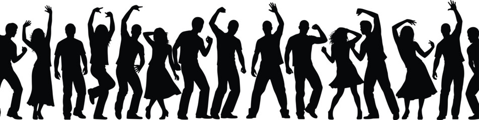Black Silhouette Vector of a Diverse Group of People Dancing and Cheering, Showing Energetic Movement, Celebration, Party, Music, and Nightlife Atmosphere Concepts.