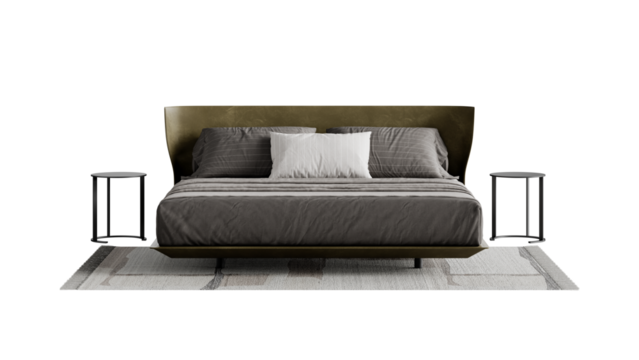 Double bed set with a carpet and pillows on a transparent background.
