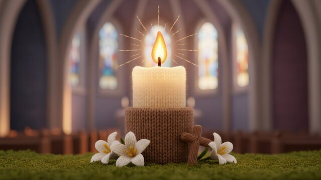 Knitted candle with cross and lily in church for religious holiday. Christian decoration for Easter or Christmas celebration. Spiritual symbol.