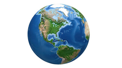 Earth globe showing North and South America isolated PNG, detailed world map with continents and oceans for geography and educational purposes