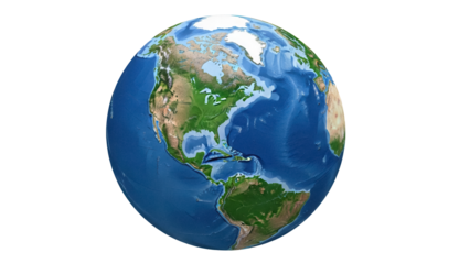 Earth globe showing North and South America isolated PNG, detailed world map with continents and oceans for geography and educational purposes