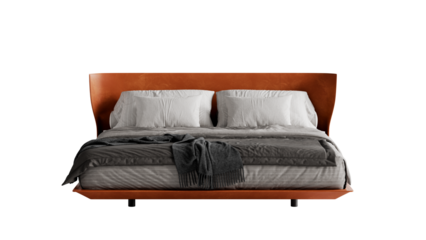 Front view of a modern double bed on a transparent background.
