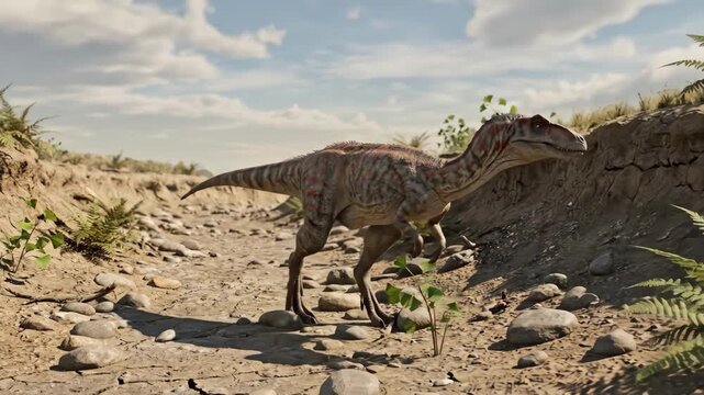 Coelophysis walks cautiously across a cracked rocky triassic riverbed channel amid ferns and ginkgoes under a cloudy sky, realistic 3d render of ancient habitat