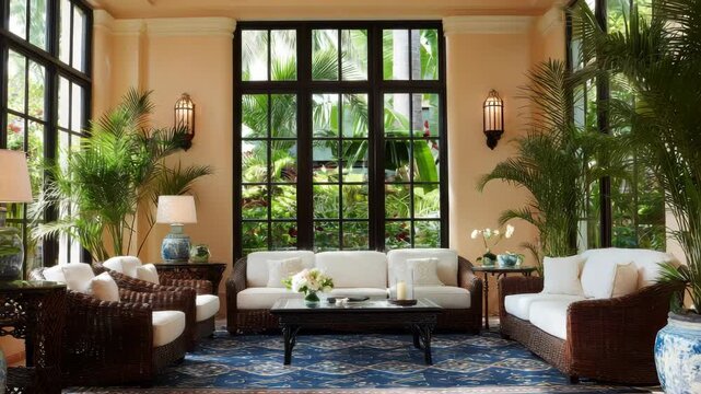 Sun Drenched Conservatory Featuring Rattan Furnishings and Tropical Plants in Peach Toned Room with Black Framed Windows Overlooking Lush Greenery and Floral Blue Accents