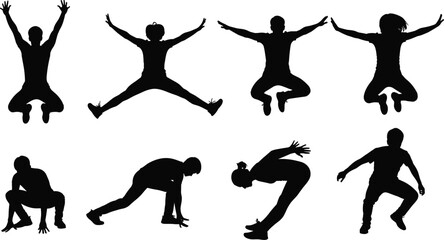 Dynamic human silhouette poses, athletic movement, dance gesture, expressive body action, sports figure, fitness energy, black vector illustration, isolated on white