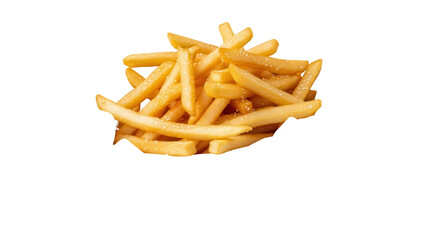 Golden French fries isolated PNG, crispy and salty potato sticks on transparent background, fast food snack for restaurant menu and design