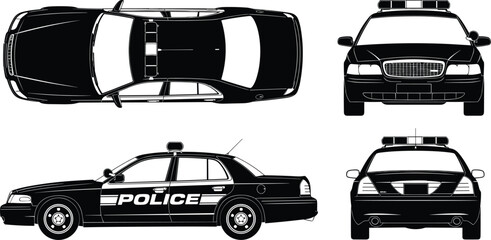 Police car silhouette vector set, top view, front view, side view, rear view, emergency vehicle illustration, law enforcement graphic, black icon © Masuduzzaman