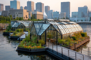 Obraz premium Floating garden with solar panels, white glass domes, and colorful flowers on water