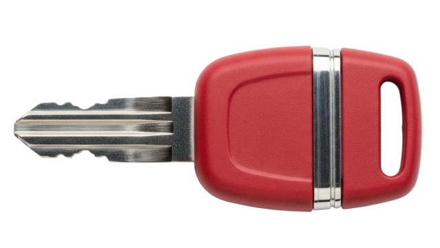 Red car key isolated PNG on transparent background, modern vehicle ignition key for security and transportation