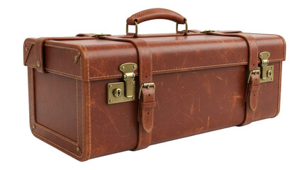 Vintage brown leather suitcase isolated PNG, retro luggage with straps and handle for travel and storage on transparent background