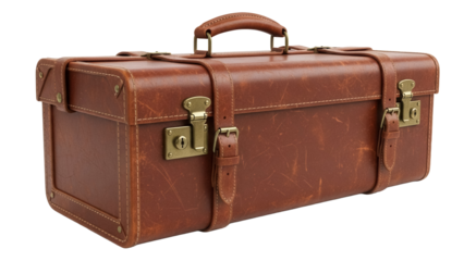 Vintage brown leather suitcase isolated PNG, retro luggage with straps and handle for travel and storage on transparent background
