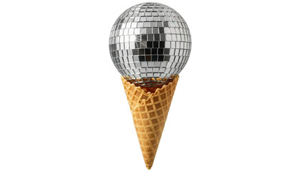 Shiny disco ball in ice cream cone isolated PNG, fun party decoration on transparent background for...