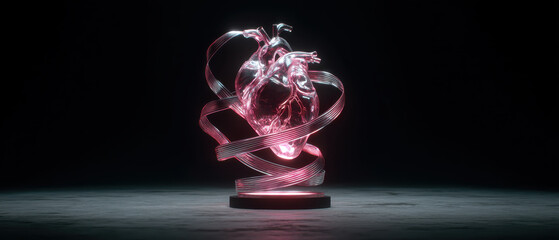 Glowing glass human heart sculpture wrapped by translucent ribbon of light on pedestal, dramatic dark studio lighting evokes futuristic delicate emotion