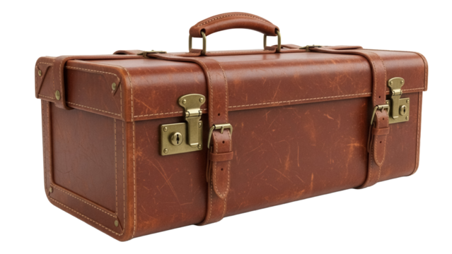 Vintage brown leather suitcase isolated PNG, retro luggage with straps and handle for travel and storage on transparent background