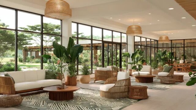 Bright Lobby Interior With White Seating Wicker Furniture and Tropical Plants Near Large Windows Overlooking Lush Garden During Daylight