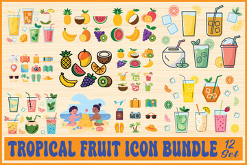 Vector illustration of a fresh set of drinks with cocktails juice fruit glasses ice and straws isolated on white background