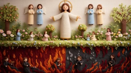 Obraz premium Knitted spiritual scene depicting heaven and hell with an angel, figures in a garden, and souls in flames for religious teaching and symbolism.