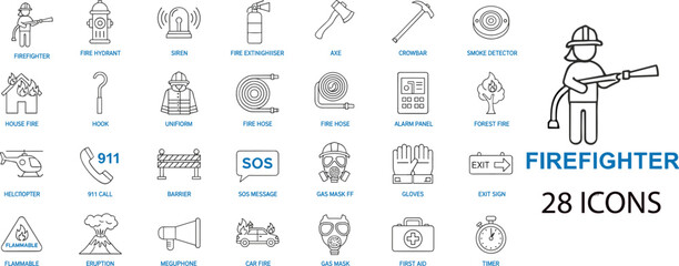Comprehensive Firefighter and Emergency Response Line Icons Set, Featuring Extinguishers, Hydrants, Axes, Sirens, Safety Gear, and Disaster Evacuation Symbols
