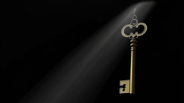 Antique golden skeleton key with ornate bow on a dark background and light streak
