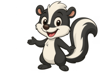 Cute baby skunk character cheerfully standing, waving a friendly hand with a big happy smile, transparent background