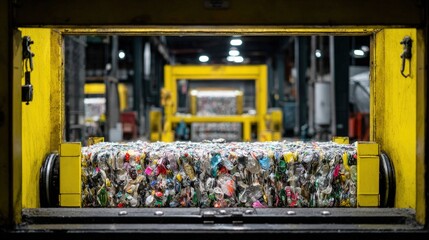 Medium shot of a hydraulic plastic waste compactor in operation showcasing powerful compression reducing volume for efficient transport and recycling.