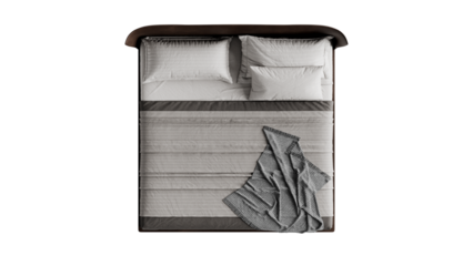 Top view of a leather bed with bedding on a transparent background.
