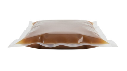 Brown liquid in a sealed plastic bag isolated PNG, food packaging on transparent background for product mockups and design