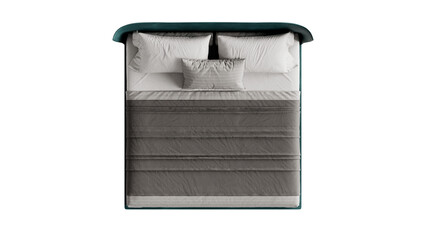 Top view of a modern double bed on a transparent background.
