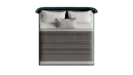 Top view of a modern double bed on a transparent background.
