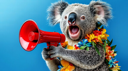 koala bear holding a red megaphone and wearing colorful hawaiian leis on a blue background ,Promotion, action, holiday, ad, job questions. Vacancy. Business discount concept, communication, informatio