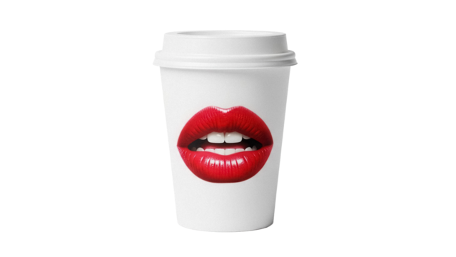 Coffee cup with red lips isolated PNG, creative design for coffee shops and promotional materials on transparent background