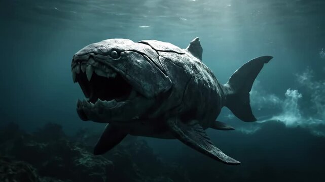 Dunkleosteus, a massive armored placoderm from the devonian period, swims in a dim prehistoric ocean environment, showcasing its powerful jaw and predatory nature