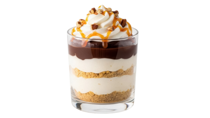 Delicious layered dessert in glass isolated PNG, trifle with chocolate pudding and whipped cream topped with caramel and nuts