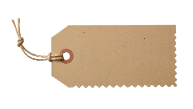 Blank brown paper tag with serrated edge isolated PNG, kraft cardboard label with string for price or gift, on transparent background