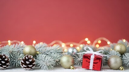 Festive christmas garland with red gift box and golden ornaments