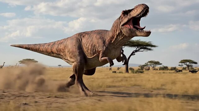 Large tyrannosaurus rex dinosaur predator running across a prehistoric savanna landscape, kicking up dust while chasing a herd of long-necked sauropod dinosaurs under a cloudy sky