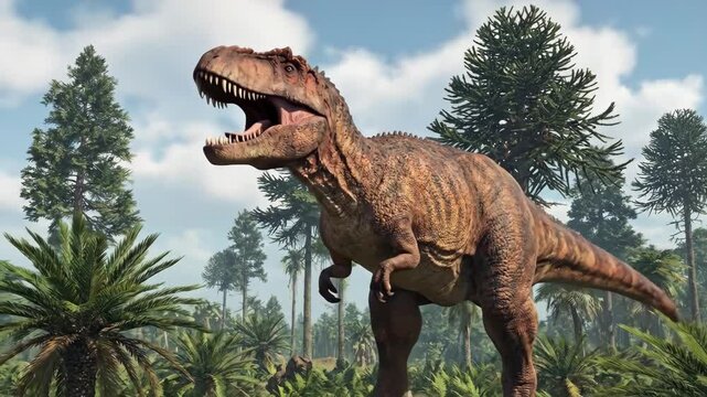 Giganotosaurus, a large carnivorous theropod dinosaur, stands among lush prehistoric vegetation, embodying ancient power and extinct wildlife in an untouched natural habitat