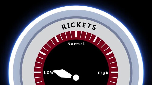 Rickets Indicator Gauge Showing High Level On Black Background Keywords: rickets, bone disease, vitamin D deficiency, calcium deficiency, phosphorus deficiency, health, medical, disease, illness