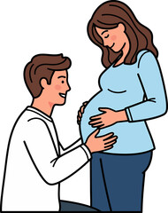 Happy Couple Touching Pregnant Woman's Belly with Love and Anticipation (Vector Illustration)