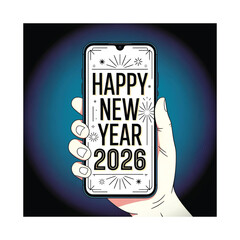 Happy New Year 2026 on Smartphone Screen Vector Illustration.
