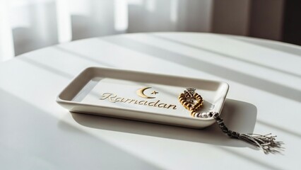A serene still life composition for Ramadan featuring a decorative tray with gold script and prayer beads on a bright, sunlit table