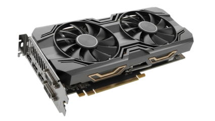 Modern gray graphics card PNG isolated on transparent background, computer hardware component for gaming and high performance computing