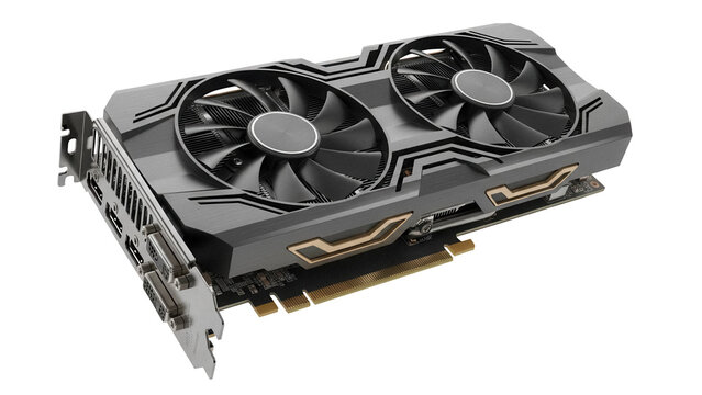 Modern gray graphics card PNG isolated on transparent background, computer hardware component for gaming and high performance computing